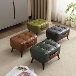 1pc Vintage Style Faux Leather Ottoman Footstool - Wooden Frame, Upholstered Interior, Multi-Use Footrest for Living Room, Entryway, Office (Azure Green)