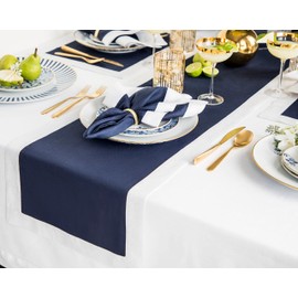 Solino Home Linen Table Runner 60 inches Long – Navy/Silver Shimmer Border Decorative Table Runner 14 x 60 Inch – Washable Dining Table Runner for Fall, Thanksgiving, Christmas – Festive Edge