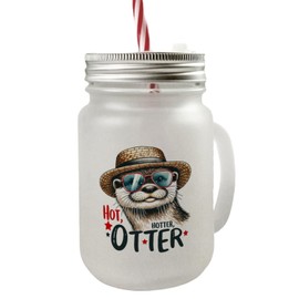 Otter with Sunglasses and Straw Hat Mason Jar Handle Drinking Glass with Lid with Saying Hot Hotter Otter A Cool Statement for Animal Lovers Who Like to Relax