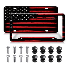 TOVIIEA American Flag License Plate Frame Holder+Front License Plate,Aluminum Novelty Decorative License Plate and Protector with Screws for Men/Women,Car Decoration Accessories,2pcs,Black RED