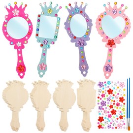 XJWWHZ 16 Pcs Wooden Mirror Craft for Kids, DIY Princess Mirrors for Girls, Paint Wooden Hand Mirror for Art Activities
