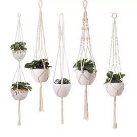 ceiling plant hanger, hanging plant, hanging plant pot, hanging 5 pack of white Macramé Plant Hangers