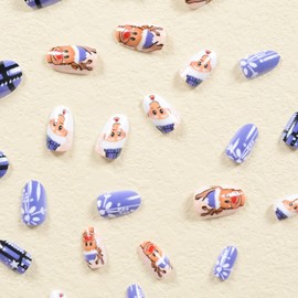 Christmas Press on Nails Short Round Winter Fake Nails Blue Full Cover Santa Claus Elk False Nails with Snow Designs Glossy Glue on Nails Cute Acrylic Nails Manicure Artificial Nails for Women Girls