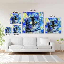 Abstract Cat Canvas Wall Art & Nursery Decor For Cat Kitten Lovers | Extra Large Unique Blue Van Gogh Style & Aesthetic Cat-Themed Picture Wall Art Gift For Bedroom, Living Room, Kitchen, Family Bathroom, Home Office, Nursery, Playroom | Christmas Animal