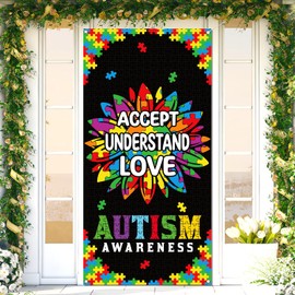 Sunwer Autism Awareness Door Cover Puzzle Piece Accept Understand Love April Decoration Sunflower Front Porch Sign Backdrop Banner