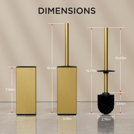 FORIOUS Toilet Brush and Holder Set, Heavy Duty 304 Stainless Steel Base Square and Long Handle for Bathroom Deep Cleaning, Drip-Proof, Space Saving for Storage, 2 Toilet Bowl Brush Head, Dark Gold