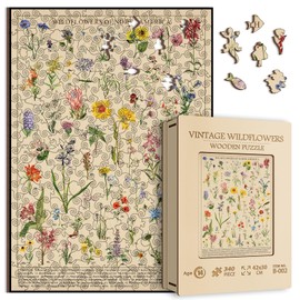 Vintage Wooden Wildflowers Puzzle 340 Pieces for Adult, Botany Plant Flower Puzzle of Wildflowers of North America, Floral Wooden Jigsaw Puzzles Nature, 15.7 * 11.2 in