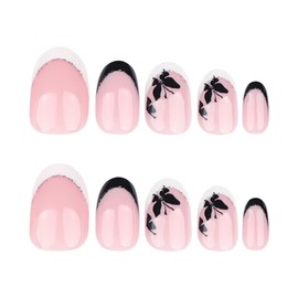 French Tip Press on Nails Short Oval Fake Nails with White Black Butterfly Design Almond False Nails Sparkling Tips Glue on Nails Acrylic Artificial Stick on Nails Kit for Women Girls 24Pcs