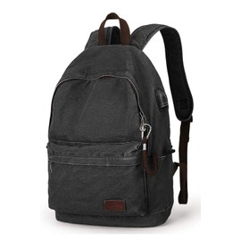 Muzee Canvas Backpack with USB Charging Port for Men Women, Lightweight Anti-Theft Travel Daypack College Student Rucksack Backpack Fits up to 15.6 inch Laptop Backpack,Black