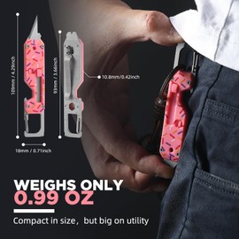VIRENKNIFE Mini Utility Knife Keychain Multitool,12-in-1 EDC Multitool with Screwdriver, Pry Bar, Carabiner, Bottle Opener, Retractable Razor Blade Mini Box Cutter OTF Knife for Everyday Carry (Donut)