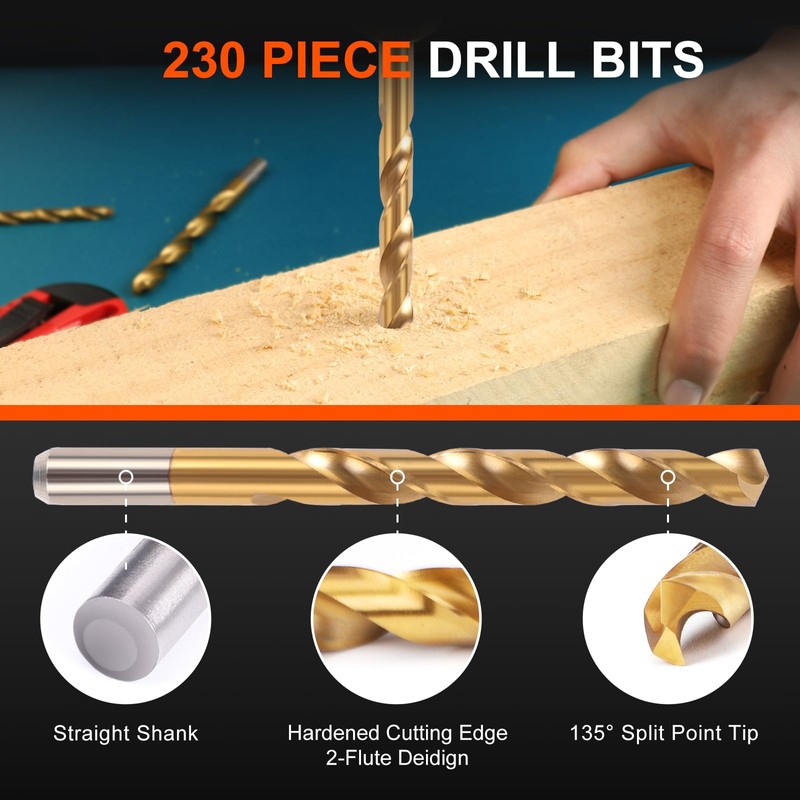 COMOWARE 230 Pcs Titanium Coated Drill Bit Set for Wood,