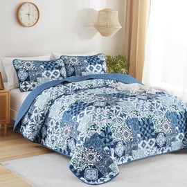 Mybedsoul Blue Quilt Set Queen Size, 3 Pieces Patchwork Bedspread Set Geometric Plaid Bedspread Coverlet Set Soft Microfiber Reversible Lightweight Bedding Set for All Season 96" x 90"