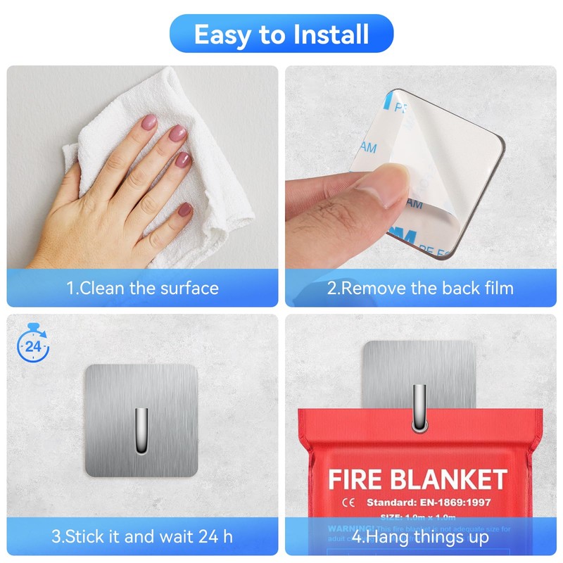 KRUI 4 Pcs Adhesive Wall Hooks for Emergency Fire Blankets,