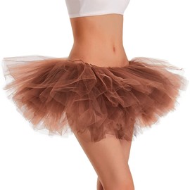 Phantomon Tutu Skirt Women's Teens Elastic 5 Layered Tulle Skirts Ultra Fluffy (Brown)