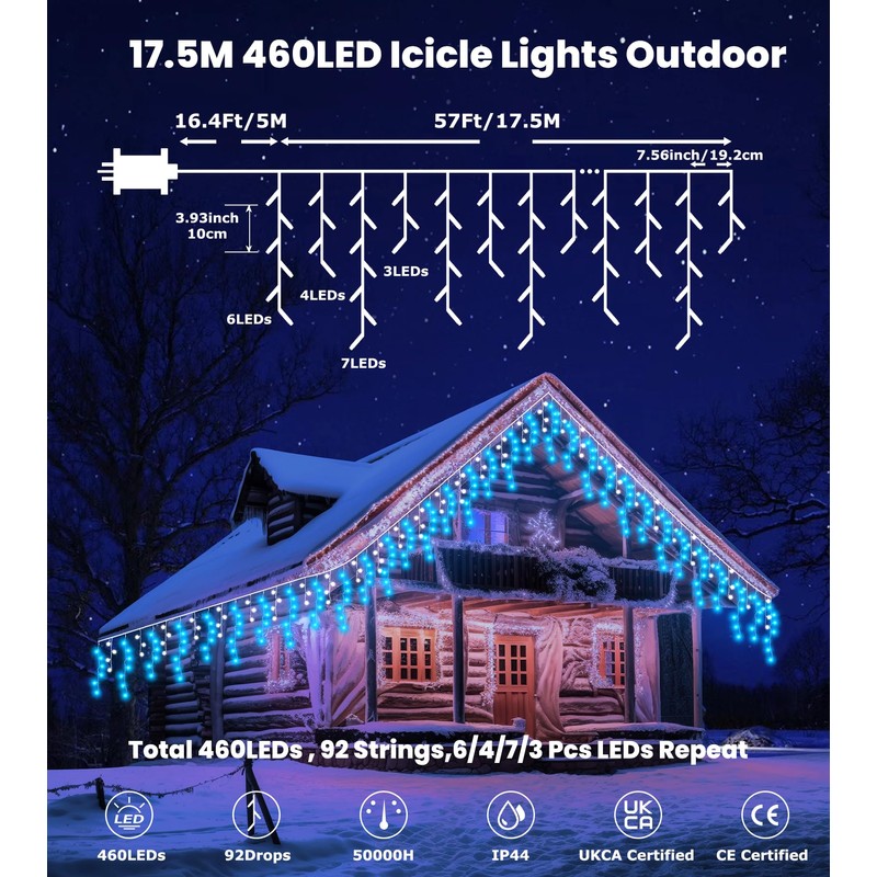 Icicle Outdoor Christmas Lights,460LED 17.5M/57ft Christmas Decorations Lights Plug in,Blue