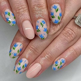 Oval Press on Nails Short Fake Nails with Blue Floral Designs Beige Nails Press ons Glossy Glue on Nails Spring Acrylic Nails Summer False Nails Artificial Stick on Nails for Women 24Pcs