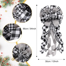Syhood Christmas Tree Topper Decorations Large Christmas Bows Tree Ornaments and Christmas Tree Flowers for Christmas Holiday Party Decorative (Black White Buffalo Plaid,12 x 34 Inch)