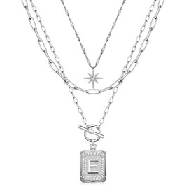 MJartoria Layered Initial Necklaces for Women Trendy, 14K Gold Plated Simple Star Choker Square Letter Pendant Necklace, Paperclip Chain Necklace, Gold Necklaces Jewelry Gifts (Silver, E)