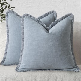 MIULEE Set of 2 Linen Throw Pillow Covers Decorative Boho Square with Tassels Farmhouse Cushion Covers Light Blue Accent Pillowcase with Fringe for Couch Sofa Bed Living Room Spring 20x20 Inch