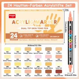 24 Colours Skin Tones Acrylic Pens, Dual Tip Acrylic Markers, Acrylic Pens for Stones, Waterproof, Waterproof Brush Markers for Skin Tones and Portrait Painting, Acrylic Paint Markers for Wood, Glass