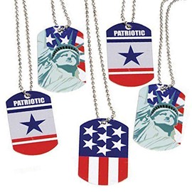 ArtCreativity Patriotic Dog Tags, Pack of 12, Fourth of July Party Favors, Red, White, and Blue Patriotic Necklaces, American Flag Accessories for Kids and Adults, 3 Different Designs