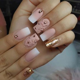 YoYoee Medium Square False Nails Daisy Press on Nails Gradient Fake Nails Glitter Stick on Nails for Women and Girls 24PCS