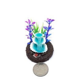 Fairy garden miniature shell waterfall. Miniature 3 tiered shell fountain with purple, blue and green plants. Fairy garden accessories.