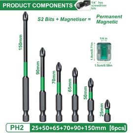 BAKESHU 6Pcs PH2 Magnetic Impact Driver Bits with a Magnetiser, S2 Screwdriver Bits 150mm 90mm 70mm 65mm 50mm 25mm