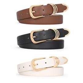WERFORU 3 Pack Women Leather Belt for Jeans Pants, Ladies Leather Belt with Gold Buckle,Black+Coffee+Beige,Fit Waist Size 23"-27"
