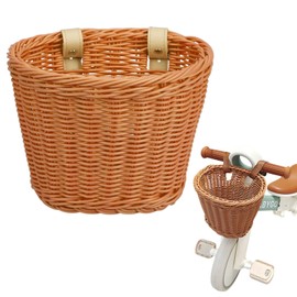Rattan Bicycle Basket for Children, Bicycle Basket Children Front Balance Bike Basket Handlebar Basket Children with 2 Adjustable Leather Straps for 12 Inch Bicycle, Balance Bike, Front Basket