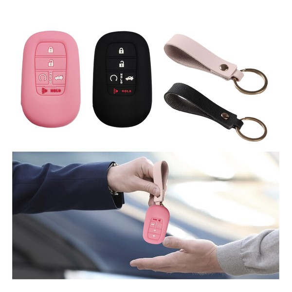 Dickno 2 PCS Silicone Key Fob Cover, 5 Buttons Keyless Remote Key Fob Shell Case with Leather Lanyard, Auto Key Holder Compatible with 2022 2023 2024 Accord Civic HR-V CR-V (Black+Pink)