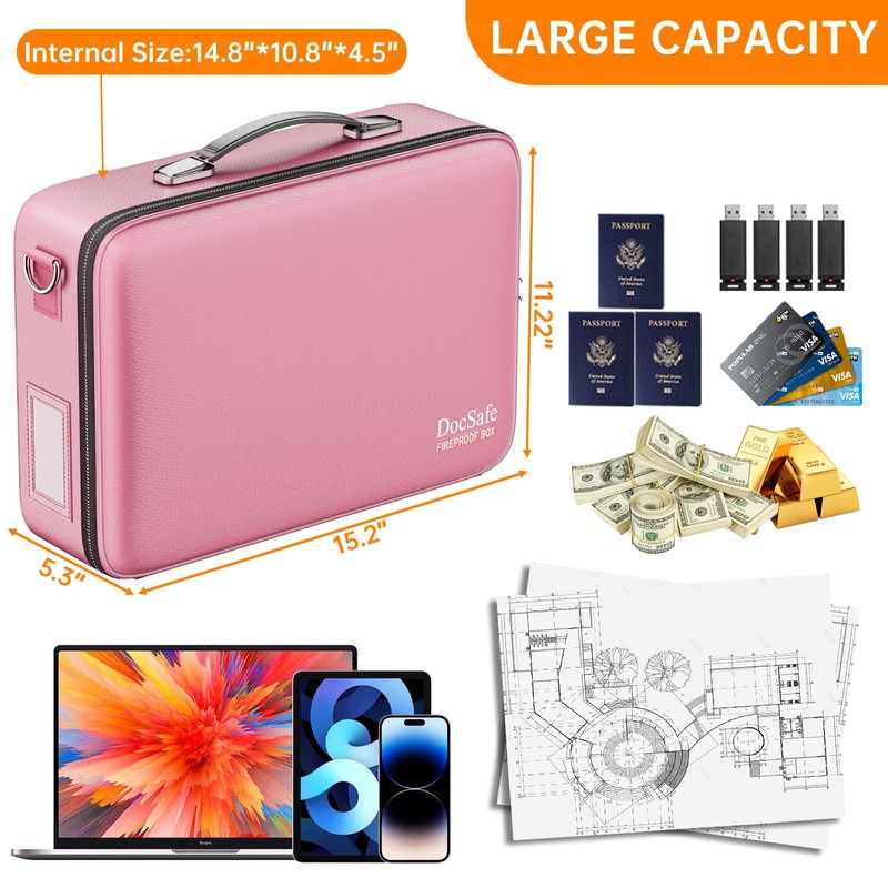 DocSafe Fireproof Document Box with Lock＆Shoulder Strap,Hard Case File Organizer
