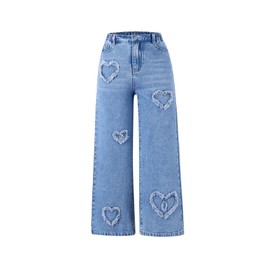 SHENHE Girl's Y2K Heart Applique Elastic High Waist Jeans Wide Leg Loose Denim Pants Light Wash 12Y