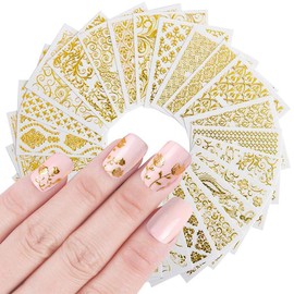Frcolor Nail Stickers 3D Nail Sticker Set Lace Flower Gold Design Nail Art Stickers Just Stick on Your Nails, Set of 20 (Random Pattern)