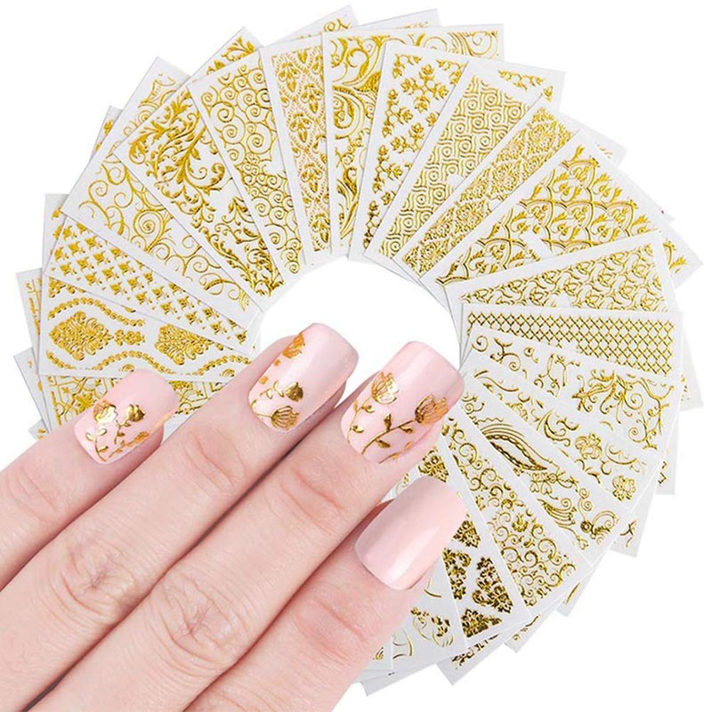 Frcolor Nail Stickers 3D Nail Sticker Set Lace Flower Gold