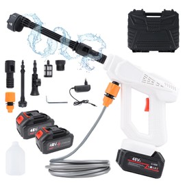 YTDTKJ Car Cleaning Spray Gun 48V, High-Pession Water Gun, 5-Section Dual Electric Car Wash Gun Toolbox Set with 6 in 1 Nozzle, 5-Meter Hose, Water Pipe Adapter, Filter Screen, Foam Kettle (White)