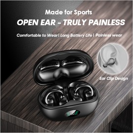 Clip On Open Ear Headphones Wireless Bluetooth, 2023 New Wireless Ear Clip Bone Conduction Headphones Bluetooth Waterproof Bone Conduction Earbuds Earphones Bone Ear Buds with LED Power Display-Blue
