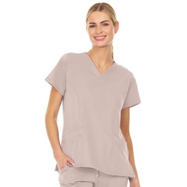MediChic Mini Marilyn Scrubs V-Neck Three Pocket Scrub Top with 4-Way Stretch, Available in Over 20 Colors Khaki