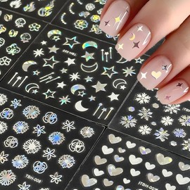 30 Sheets 3D Aurora Nail Stickers Decals Self-Adhesive Floral Nail Decals Silver Blue Stars Moon Heart and Flower Designs DIY Manicure Decoration for Women Girls Nail Accessories