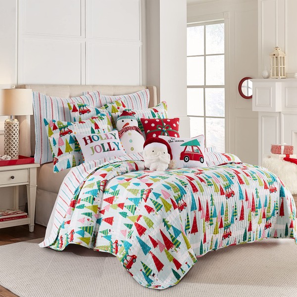Levtex Home Merry & Bright Collecion - Holly Jolly Quilt - Full/Queen - Christmas Tree - Red Green Teal Pink - Quilt (86x86in.) - Reversible - Microfiber