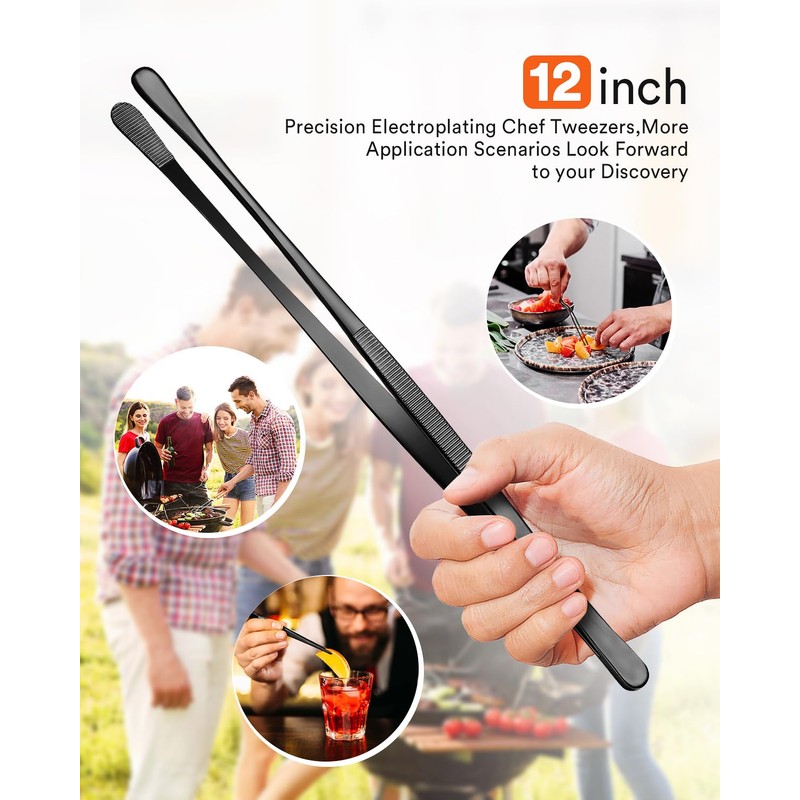 Kitchen Tweezers, Round Tip Tweezer Tongs For Cooking, Black Stainless