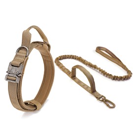 MORAFSSIM Tactical Dog Collar and Leash Set with Handle and Heavy Duty Metal Buckle for Medium Large Dogs, Adjustable Nylon Military Dog Collar with Handle for Dog Training(M Brown Set)