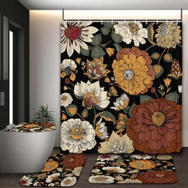Boho Floral Botanical Shower Curtain Set with Rugs, Mid Century Morden Abstract Flowers Tropical Leaves Bathroom Accessories Sets Non-Slip Mats, Bath Curtains with Bath Mats and Toilet Lid Seat Cover