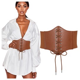 WHIPPY Women's Lace Up Corset Tied Waspie Wide Belt Elastic Corset Waist Belt Lace Up Belt, C-brown
