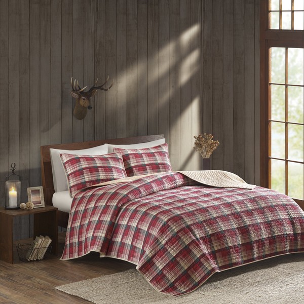 Woolrich Reversible Quilt Cabin Lifestyle Design - All Season, Breathable Coverlet Bedspread Bedding Set, Matching Shams, Oversized King/Cal King, Tasha Plaid Red/Tan 3 Piece