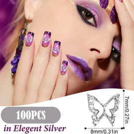 Taicols 100pcs 3D Butterfly Nail Charms, Alloy Butterfly Nail Art Charms Hollow 3D Butterfly for Nails Decoration Supplies DIY Manicure Design Women Girls Alloy Rhinestones Butterfly Metal Crystal Studs Jewelry Design for Salon Home Acrylic DIY (Silver)