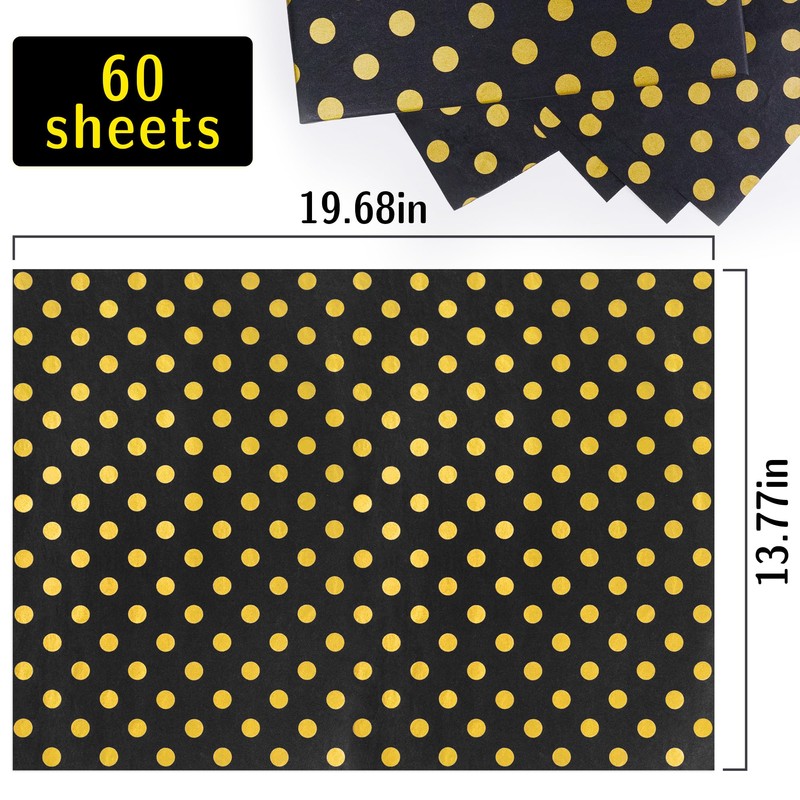 MR FIVE 60 Sheets Black Gold Polka Dot Tissue Paper