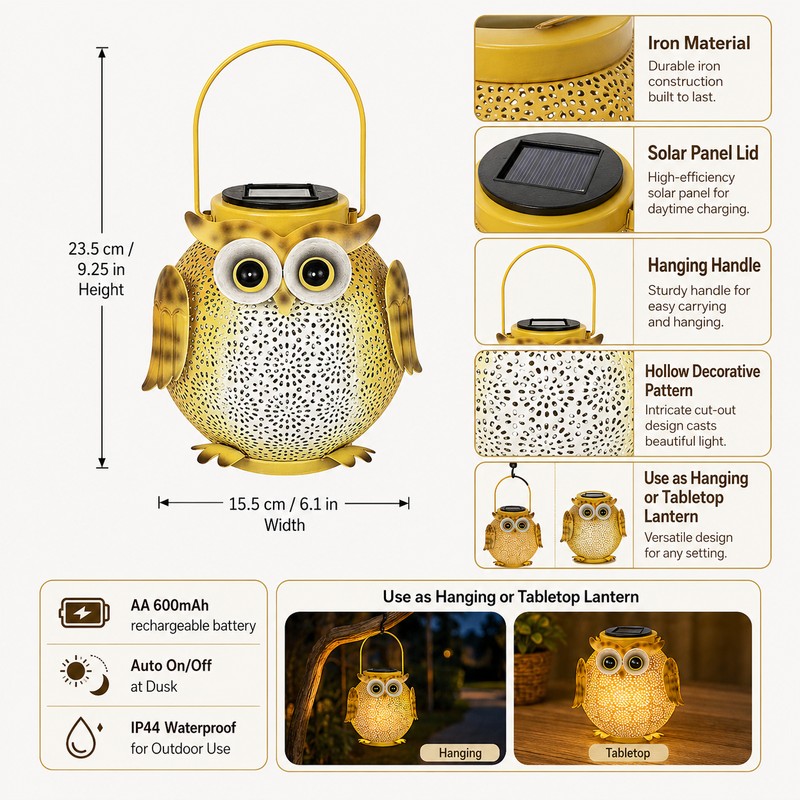 Solar Hanging Owl Lantern – IP44 Waterproof Metal Garden Light