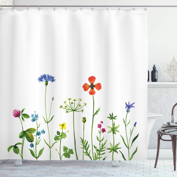 Ambesonne Floral Shower Curtain, Rural Meadow Flower Field with Blooms
