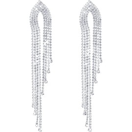 Silver Rhinestone Earrings Dangling for Women Hypoallergenic Long Tassel Drop Dangle Earrings for Wedding (Silver, One size)